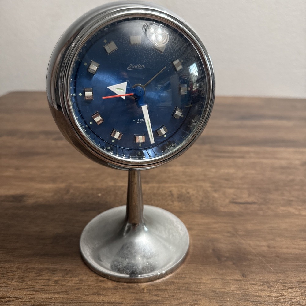 Vintage Linden Space Age Pedestal Alarm Clock Blue Sunburst Chrome Japan Repair